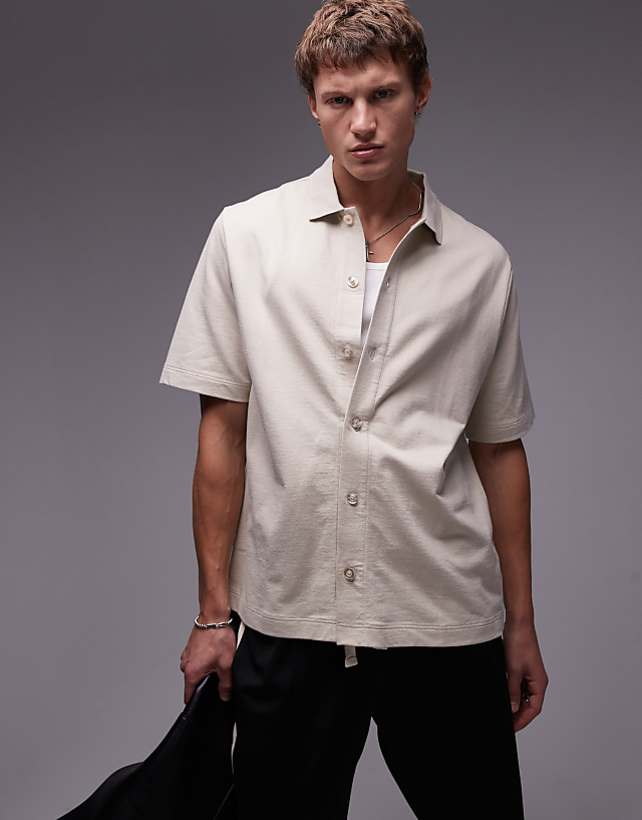 asos Topman boxy fit button through jersey shirt in stone