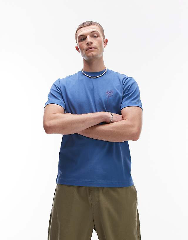 Asos Topman Boxy Fit T-shirt With Flower Embroidery In Blue