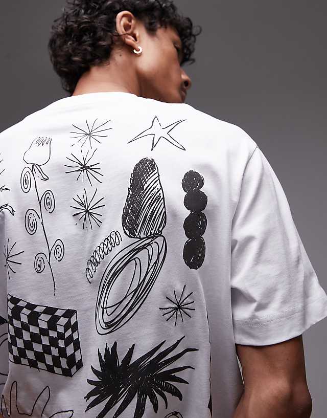 Asos Topman Boxy Fit T-shirt With Front And Back Scribble Print And Embroidery In White