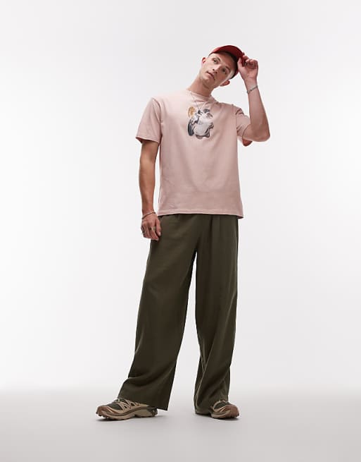 Asos Topman Casual Linen Blend Relaxed Trousers In Khaki