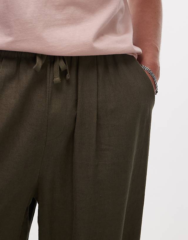 Asos Topman Casual Linen Blend Relaxed Trousers In Khaki
