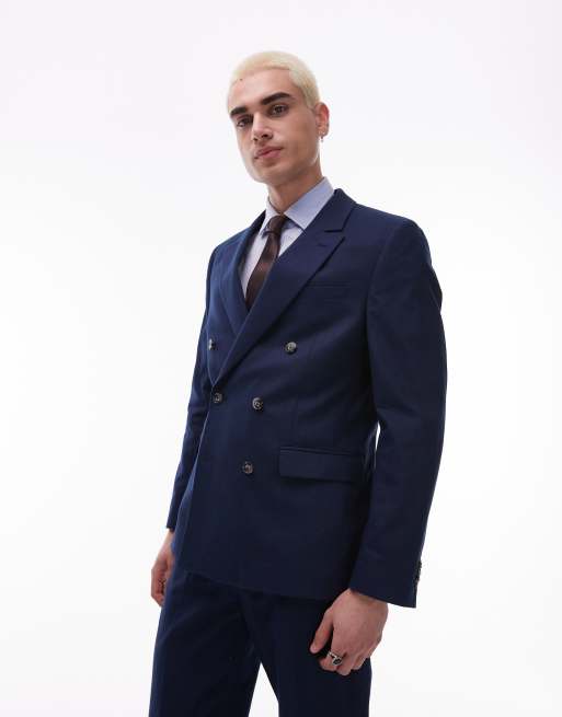 Asos Topman Double Breasted Linen Blend Suit In Navy