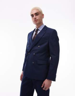 Asos Topman Double Breasted Linen Blend Suit In Navy