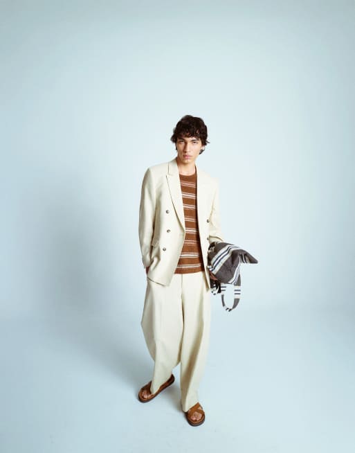 Asos Topman Double Breasted Linen Blend Suit In Stone