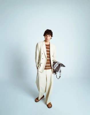 Asos Topman Double Breasted Linen Blend Suit In Stone