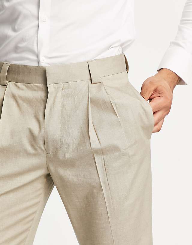 Asos Topman Linen Blend Mix Tapered Trousers In Stone