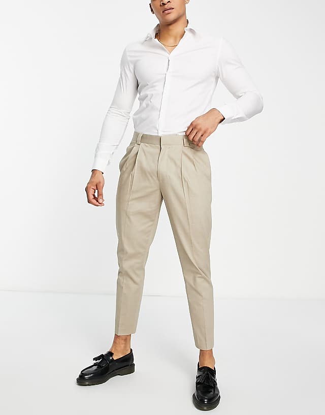 Asos Topman Linen Blend Mix Tapered Trousers In Stone