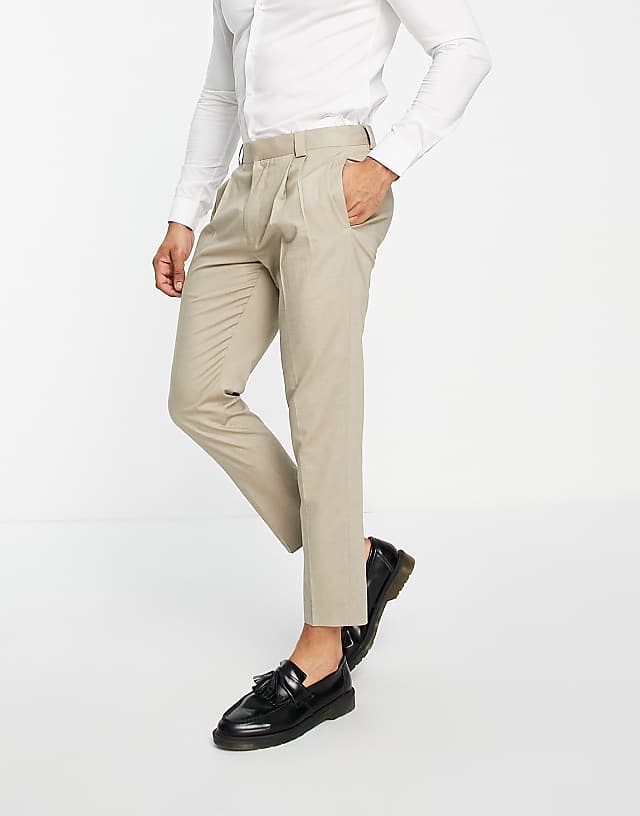 asos Topman linen blend mix tapered trousers in stone