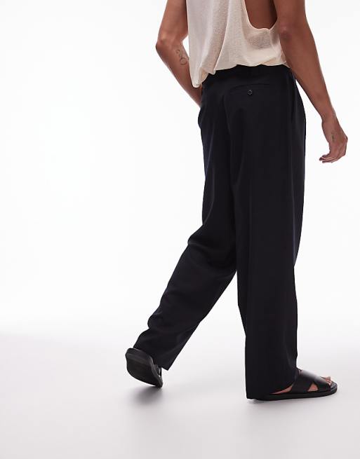 Asos Topman Linen Blend Mix Wide Leg Trouser In Black