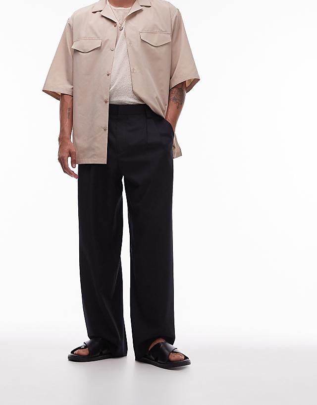 asos Topman linen blend mix wide leg trouser in black