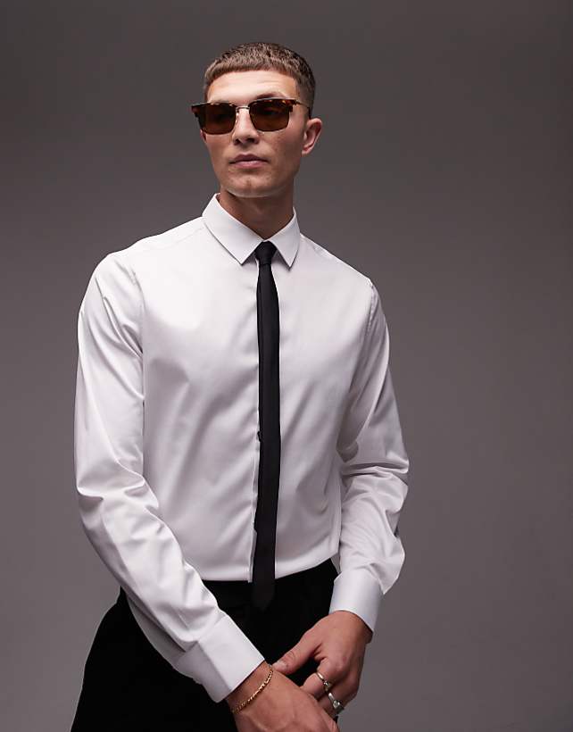 asos Topman long sleeve formal slim sateen shirt in white