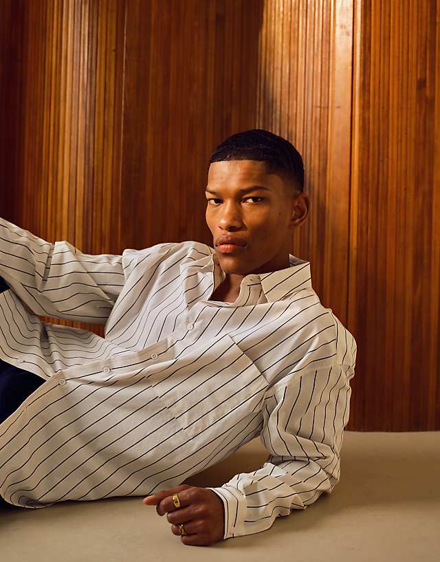 Asos Topman Long Sleeve Mini Stripe Relaxed Shirt In Cream