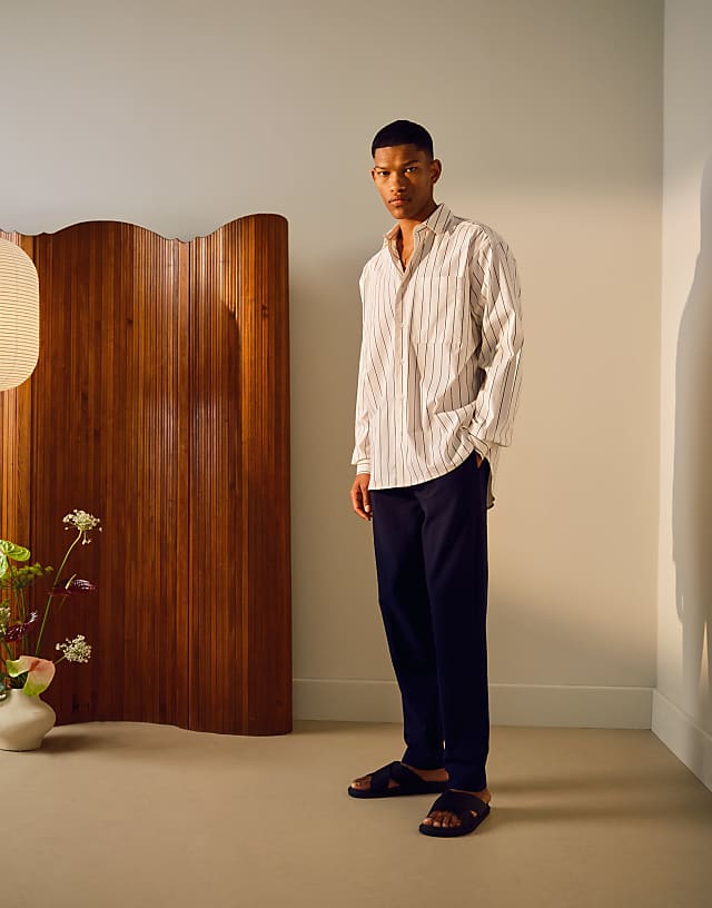 Asos Topman Long Sleeve Mini Stripe Relaxed Shirt In Cream