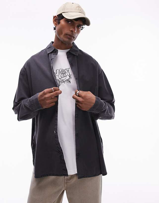 Asos Topman Long Sleeve Oversized Shirt In Washed Charcoal