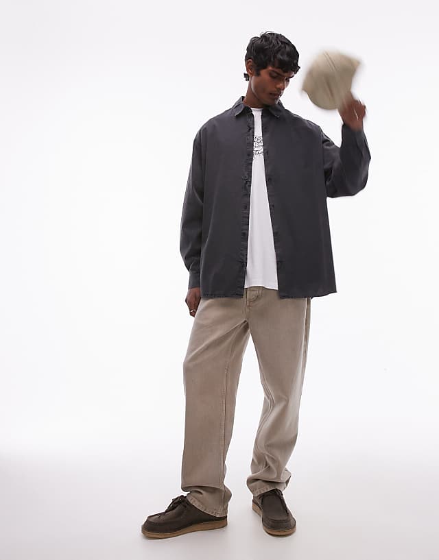 asos Topman long sleeve oversized shirt in washed charcoal