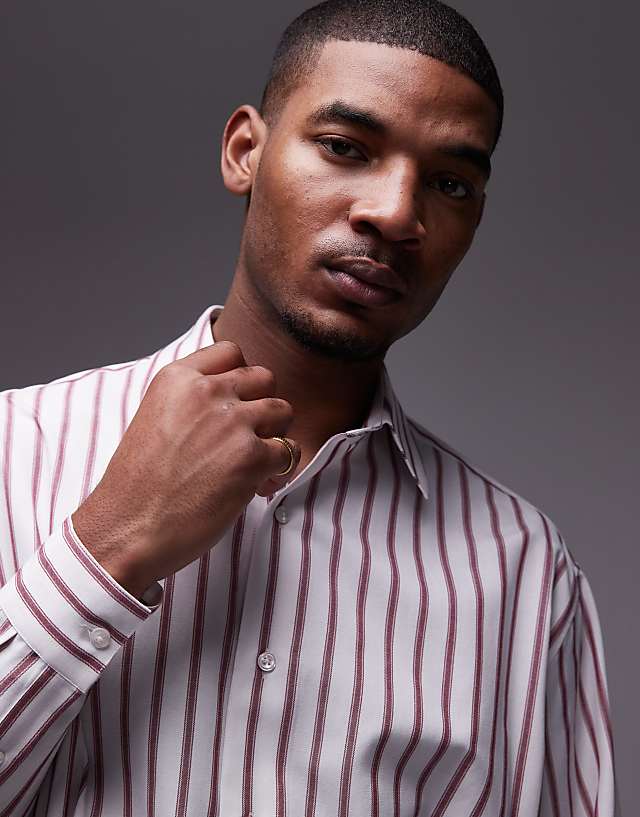 Asos Topman Long Sleeve Oversized Stripe Shirt In Brick Red