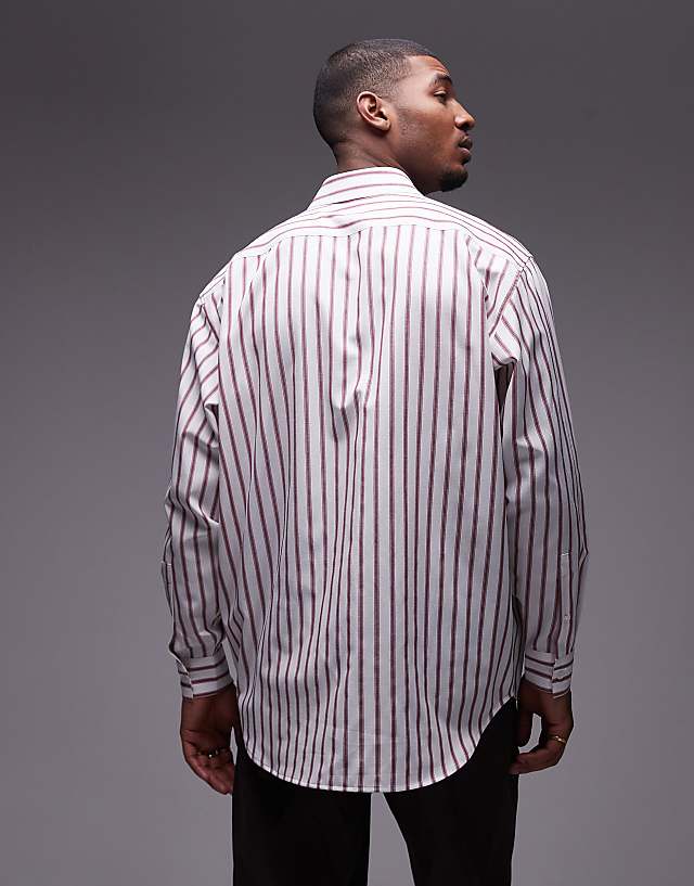 Asos Topman Long Sleeve Oversized Stripe Shirt In Brick Red