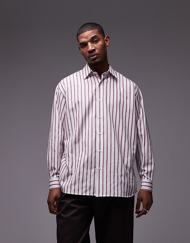 asos Topman long sleeve oversized stripe shirt in brick red