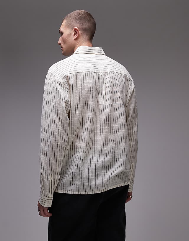 Asos Topman Long Sleeve Relaxed Cheesecloth Stripe In Cream