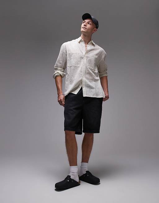 Asos Topman Long Sleeve Relaxed Cheesecloth Stripe In Cream