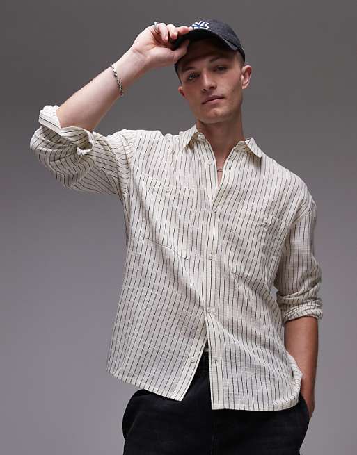 asos Topman long sleeve relaxed cheesecloth stripe in cream