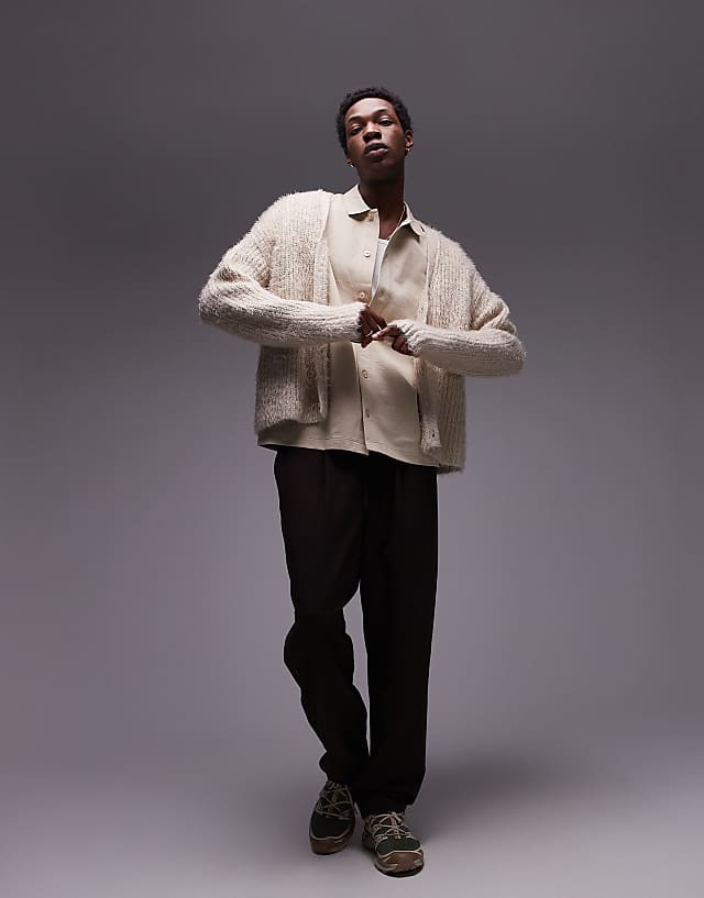 Asos Topman Oversized Fit Button Through Jersey Shirt In Ecru