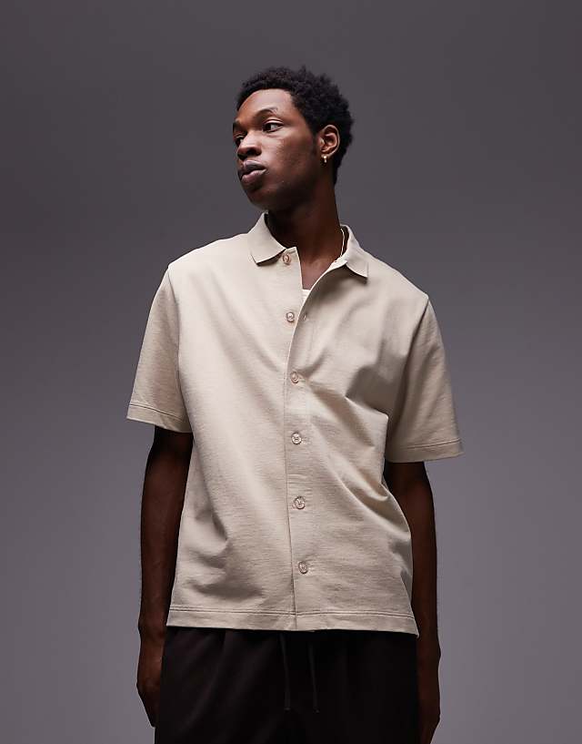 asos Topman oversized fit button through jersey shirt in ecru
