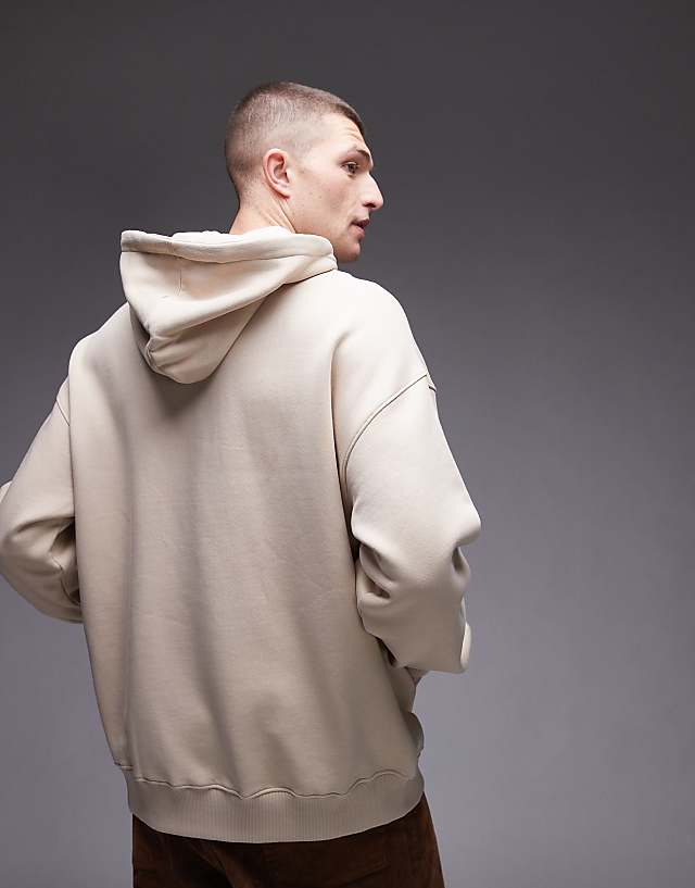 Asos Topman Oversized Fit Hoodie With Floral Embroidery In Stone