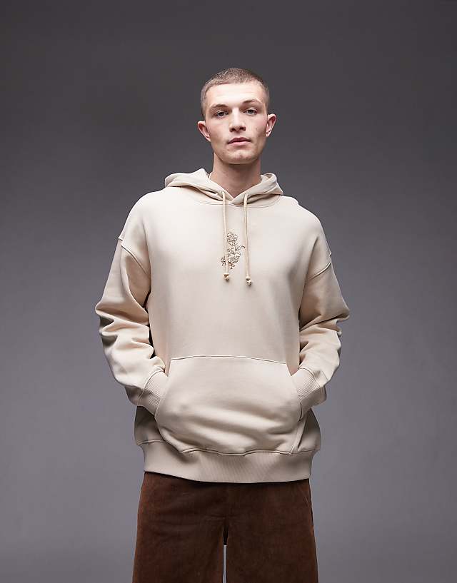 Asos Topman Oversized Fit Hoodie With Floral Embroidery In Stone