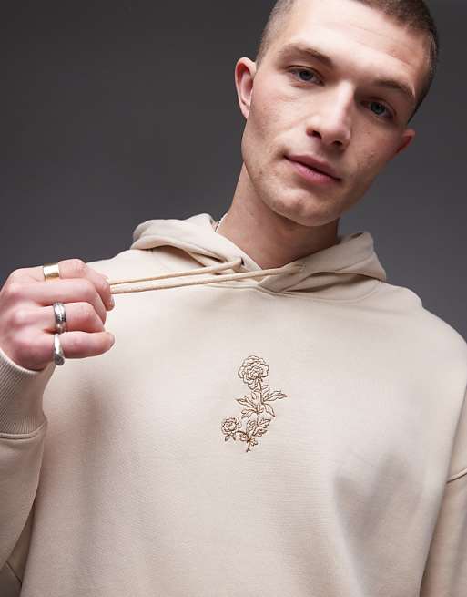 asos Topman oversized fit hoodie with floral embroidery in stone