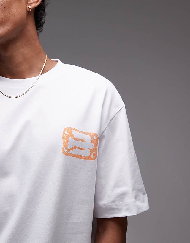 Asos Topman Oversized Fit T-shirt With Front And Back Bird Doodle Print And Embroidery In White