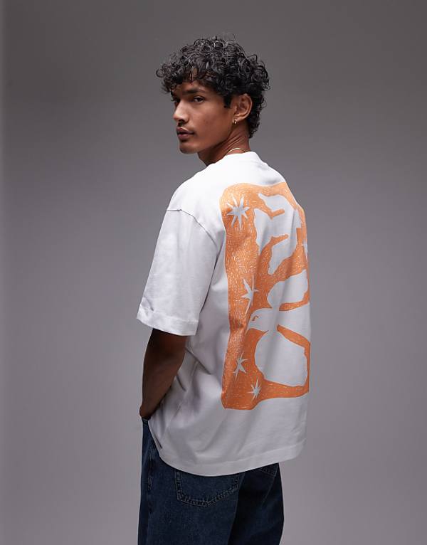 asos Topman oversized fit t-shirt with front and back bird doodle print and embroidery in white