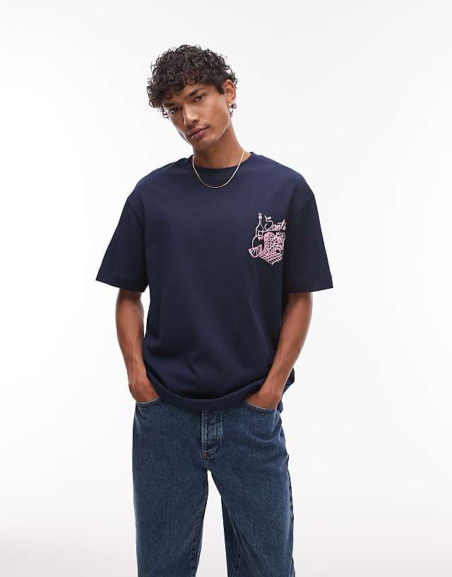 Asos Topman Oversized Fit T-shirt With Front And Back Fruit And Wine Print In Navy