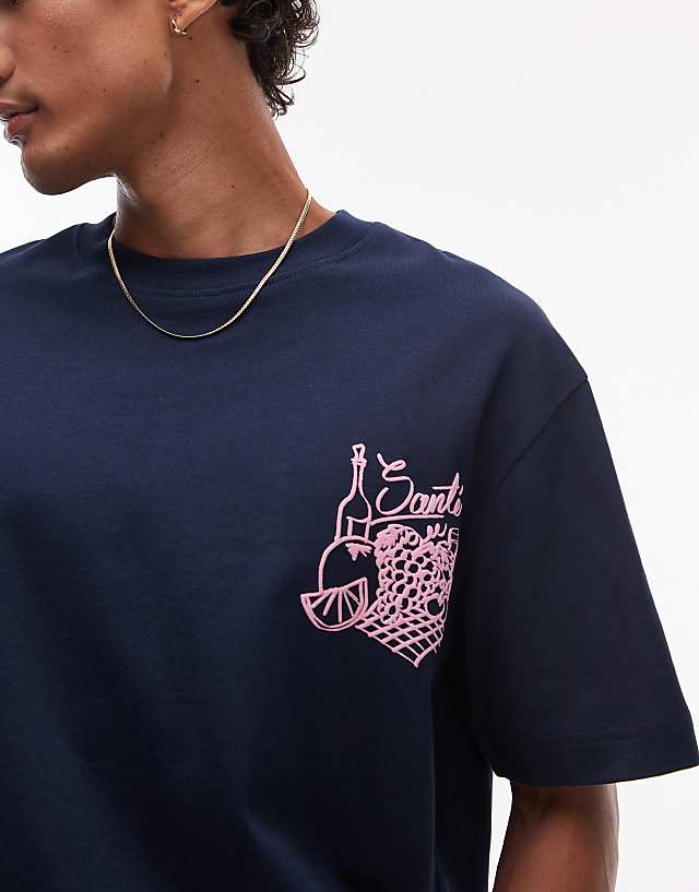 Asos Topman Oversized Fit T-shirt With Front And Back Fruit And Wine Print In Navy