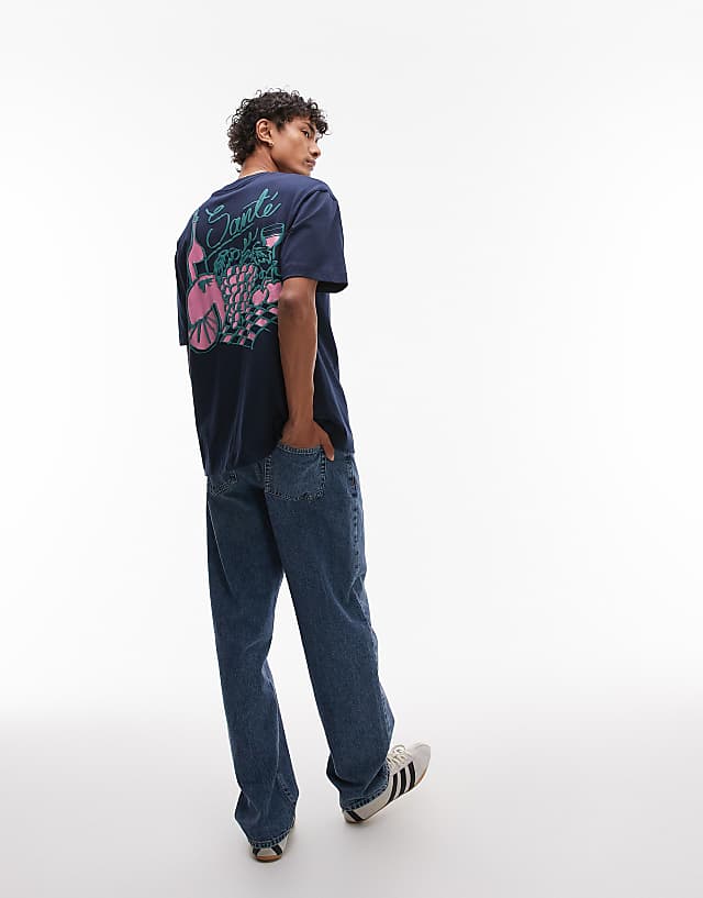Asos Topman Oversized Fit T-shirt With Front And Back Fruit And Wine Print In Navy