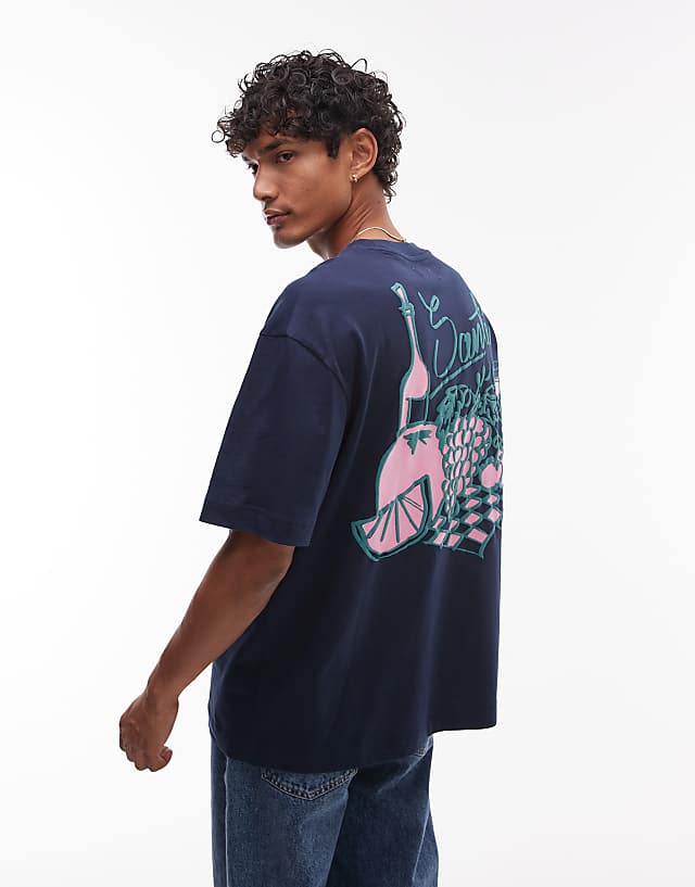 asos Topman oversized fit t-shirt with front and back fruit and wine print in navy