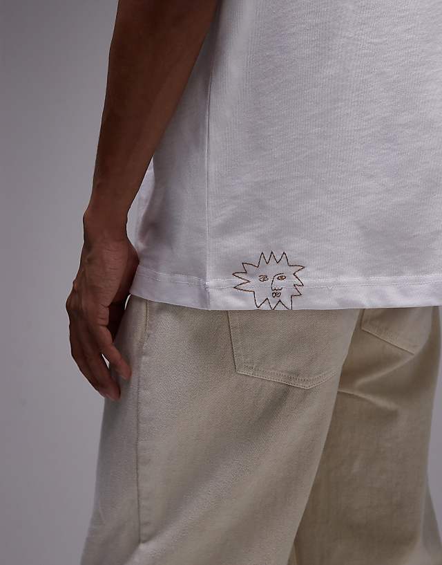 Asos Topman Oversized Fit T-shirt With Sun Doodle Print And Embroidery In White
