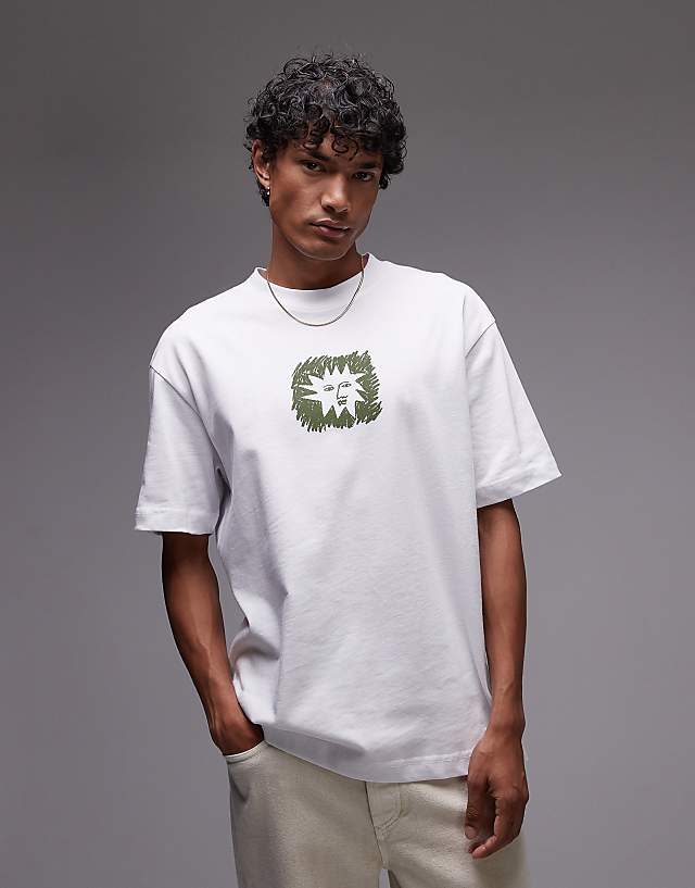 asos Topman oversized fit t-shirt with sun doodle print and embroidery in white