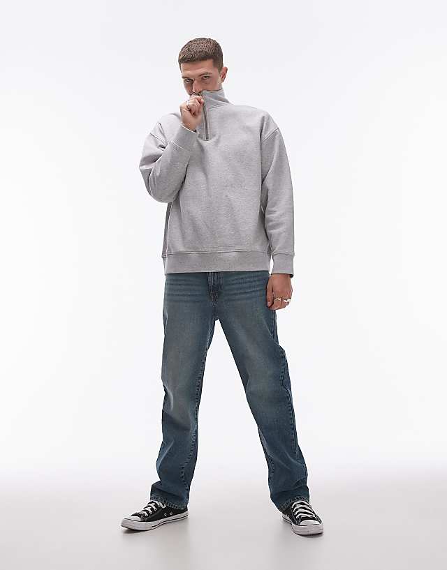 Asos Topman Premium Heavyweight Oversized 1/4 Zip Sweatshirt In Grey Marl