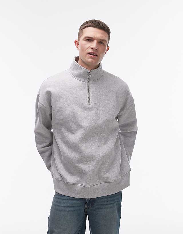 asos Topman premium heavyweight oversized 1/4 zip sweatshirt in grey marl