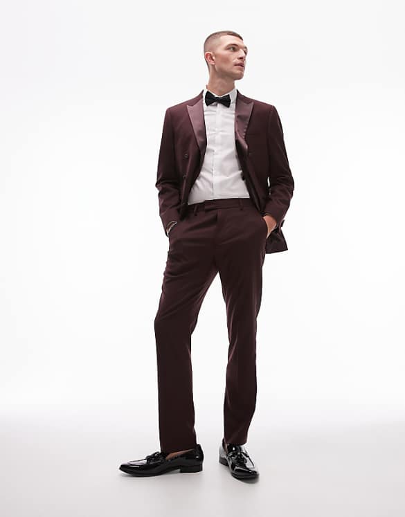 asos Topman premium slim tux suit trouser in burgundy