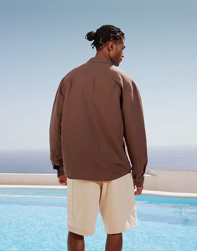 Asos Topman Regular Fit Long Sleeve Linen Shirt In Brown