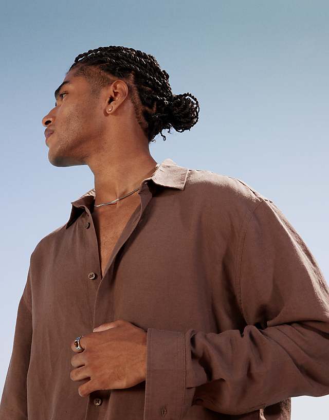 Asos Topman Regular Fit Long Sleeve Linen Shirt In Brown