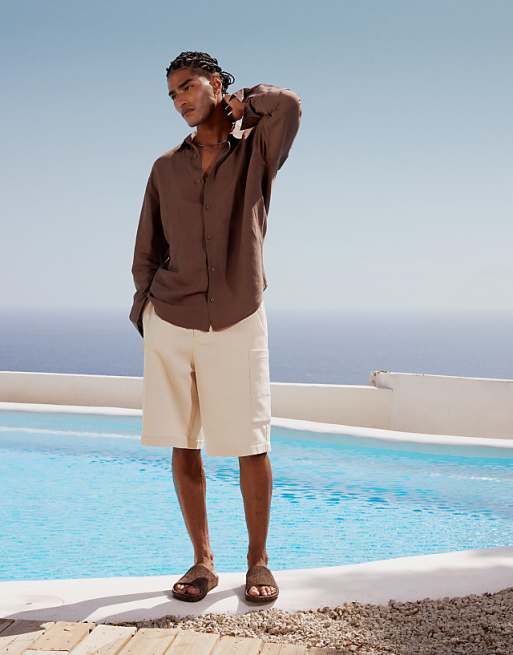 Asos Topman Regular Fit Long Sleeve Linen Shirt In Brown