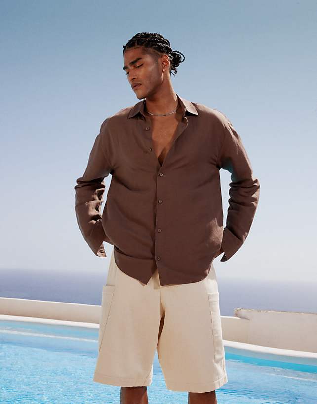 asos Topman regular fit long sleeve linen shirt in brown