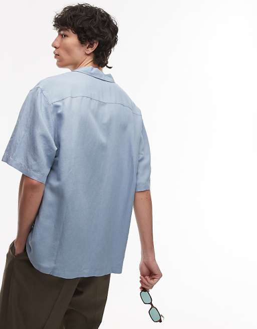 Asos Topman Regular Fit Short Sleeve Linen Blend Shirt In Light Blue