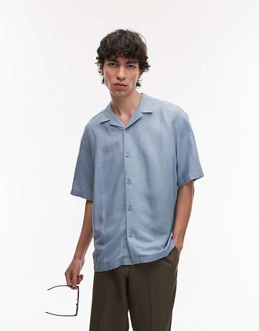 Asos Topman Regular Fit Short Sleeve Linen Blend Shirt In Light Blue