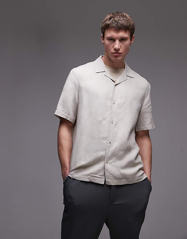 Asos Topman Regular Fit Short Sleeve Linen Blend Shirt In Stone