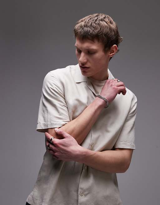 asos Topman regular fit short sleeve linen blend shirt in stone