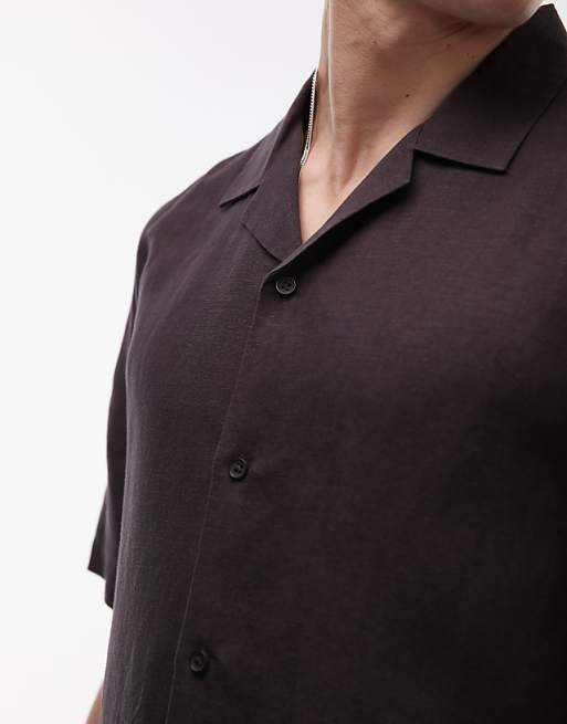 Asos Topman Regular Fit Short Sleeve Linen Blend Shirt In Black